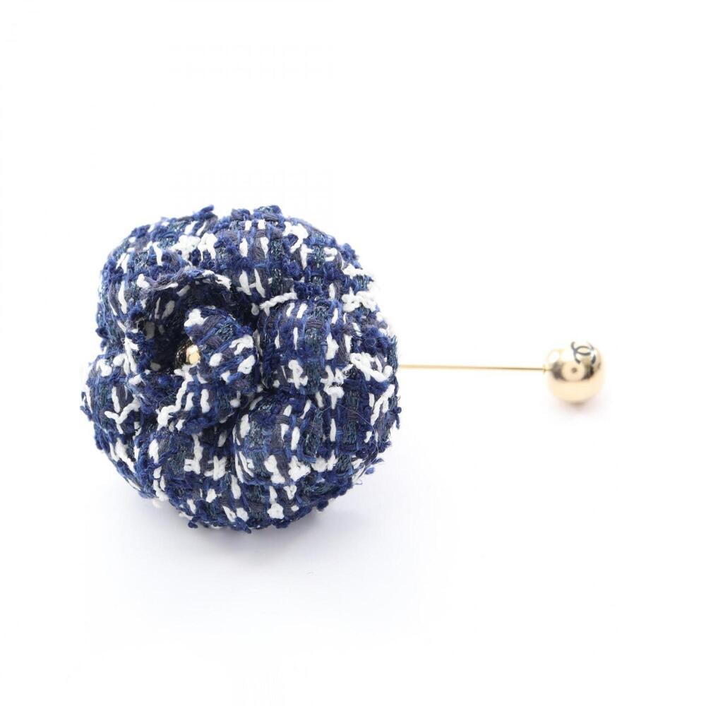Chanel Camellia Pin Brooch Accessory, Tweed, Women's, Navy, Blue, White